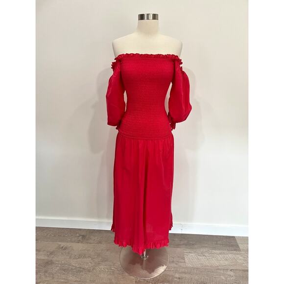 NWT Rhode Resort Eva Smocked Off-The-Shoulder Cotton Maxi Dress Red - Picture 12 of 15